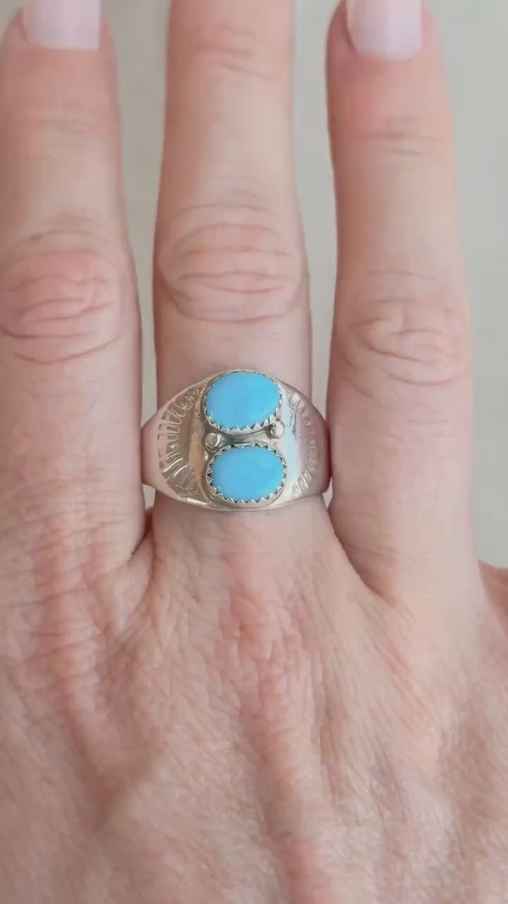 Vintage Turquoise Ring Sterling Silver, Two-Stone Bezel Statement Ring, Boho Everyday Jewelry