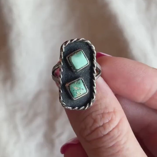 Vintage Turquoise Sterling Silver Double Square Ring, Southwestern Boho Jewelry