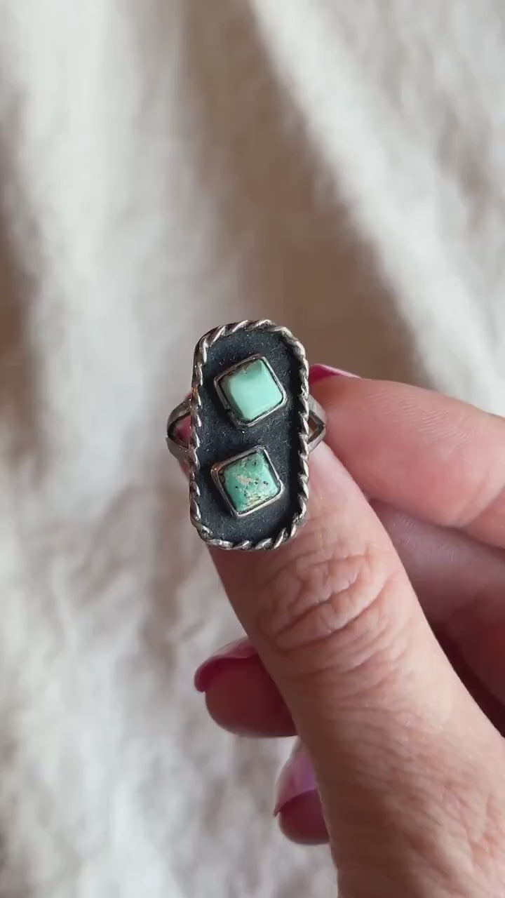 Vintage Turquoise Sterling Silver Double Square Ring, Southwestern Boho Jewelry
