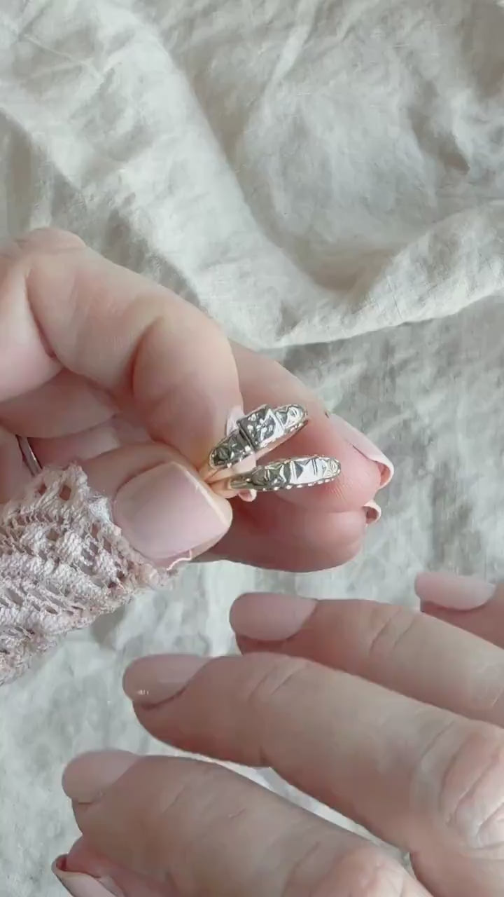 Antique Diamond Engagement & Wedding Ring, Round Cut, 14k Gold, 1920s Art Deco Bridal Set