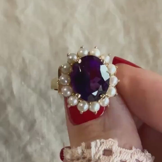 Vintage Purple Amethyst Pearl Halo Gemstone Ring in 14k Gold