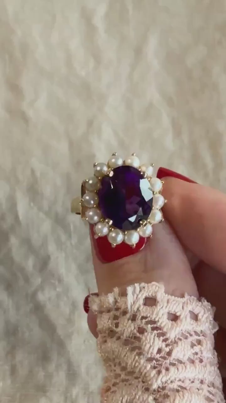 Vintage Purple Amethyst Pearl Halo Gemstone Ring in 14k Gold