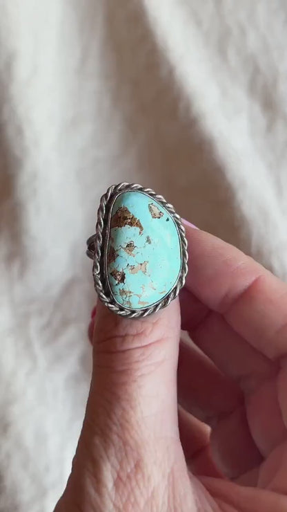 Vintage Turquoise Sterling Silver Rope Statement Ring, Southwestern Boho Jewelry