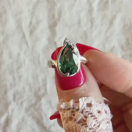 Vintage 1980s Green Garnet Gemstone Ring, 14k White Gold