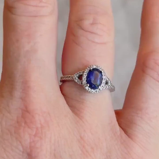 Vintage Oval Blue Sapphire Diamond Halo Ring in 10k White Gold