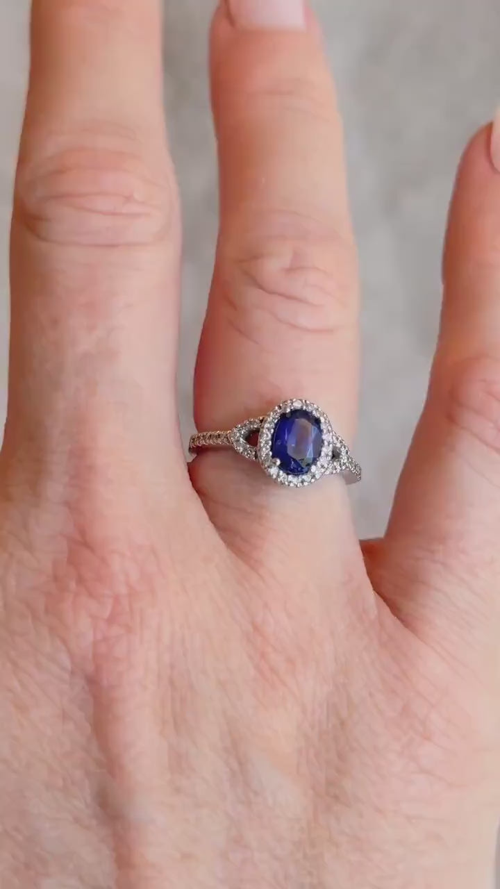 Vintage Oval Blue Sapphire Diamond Halo Ring in 10k White Gold