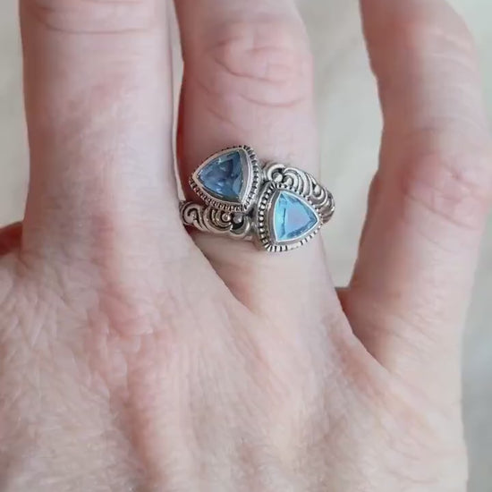 Vintage Sterling Silver Blue Topaz Double Triangle Ring, Boho Filigree Jewelry