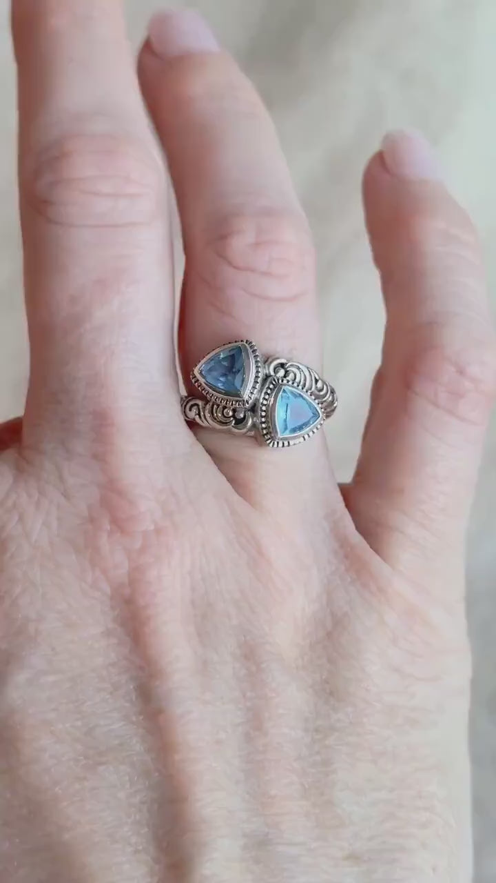 Vintage Sterling Silver Blue Topaz Double Triangle Ring, Boho Filigree Jewelry