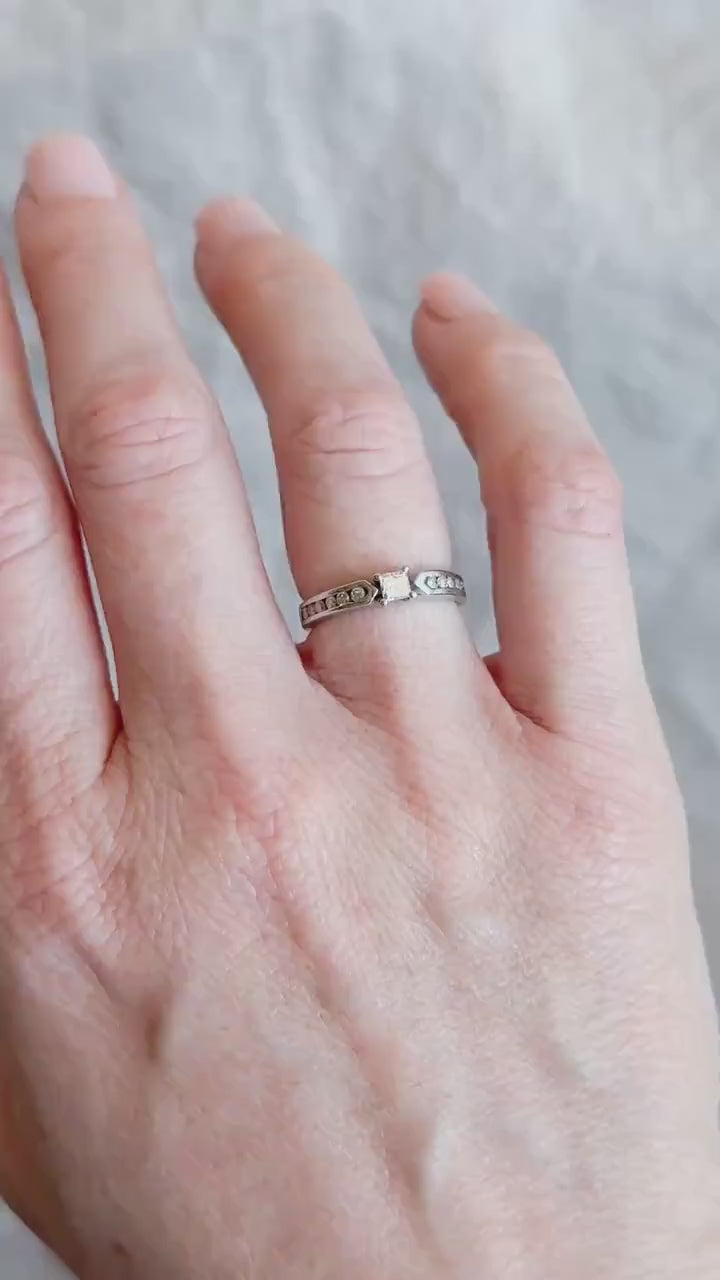 Vintage Diamond Engagement Ring, Princess Cut, 10k White Gold, 1990s Channel Set Design