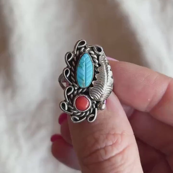 Vintage Turquoise and Coral Ring Sterling Silver, Southwestern Statement Ring, Boho Everyday Jewelry