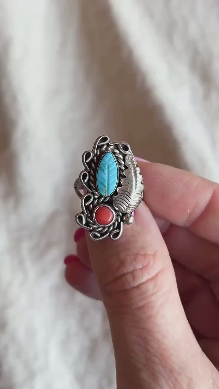 Vintage Turquoise and Coral Ring Sterling Silver, Southwestern Statement Ring, Boho Everyday Jewelry
