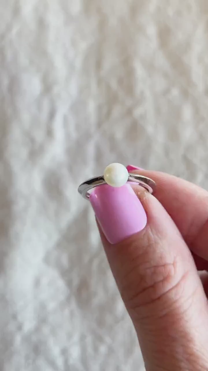 Vintage Pearl Engagement Ring, 6mm, 14k White Gold, 1990s Classic Style