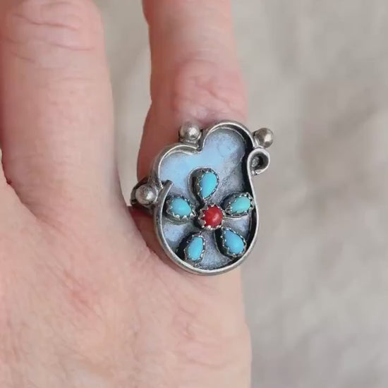 Vintage Sterling Silver Turquoise Coral Flower Ring, Boho Statement Jewelry