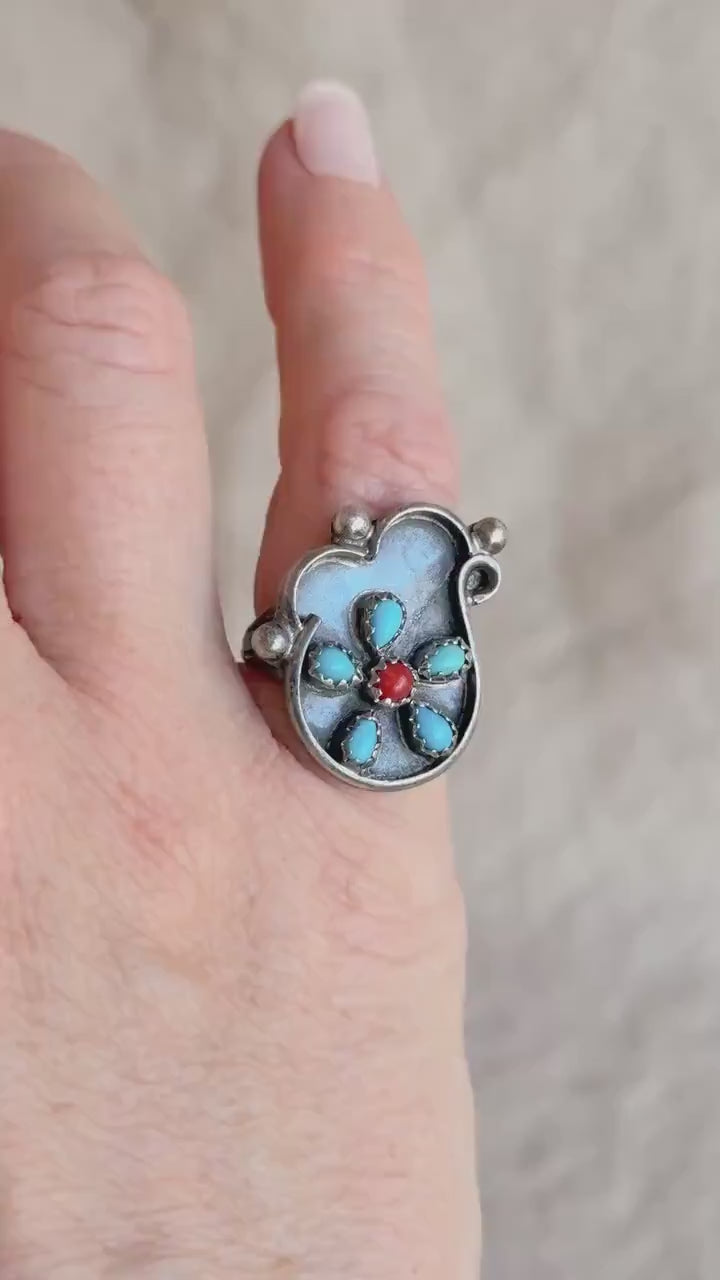 Vintage Sterling Silver Turquoise Coral Flower Ring, Boho Statement Jewelry