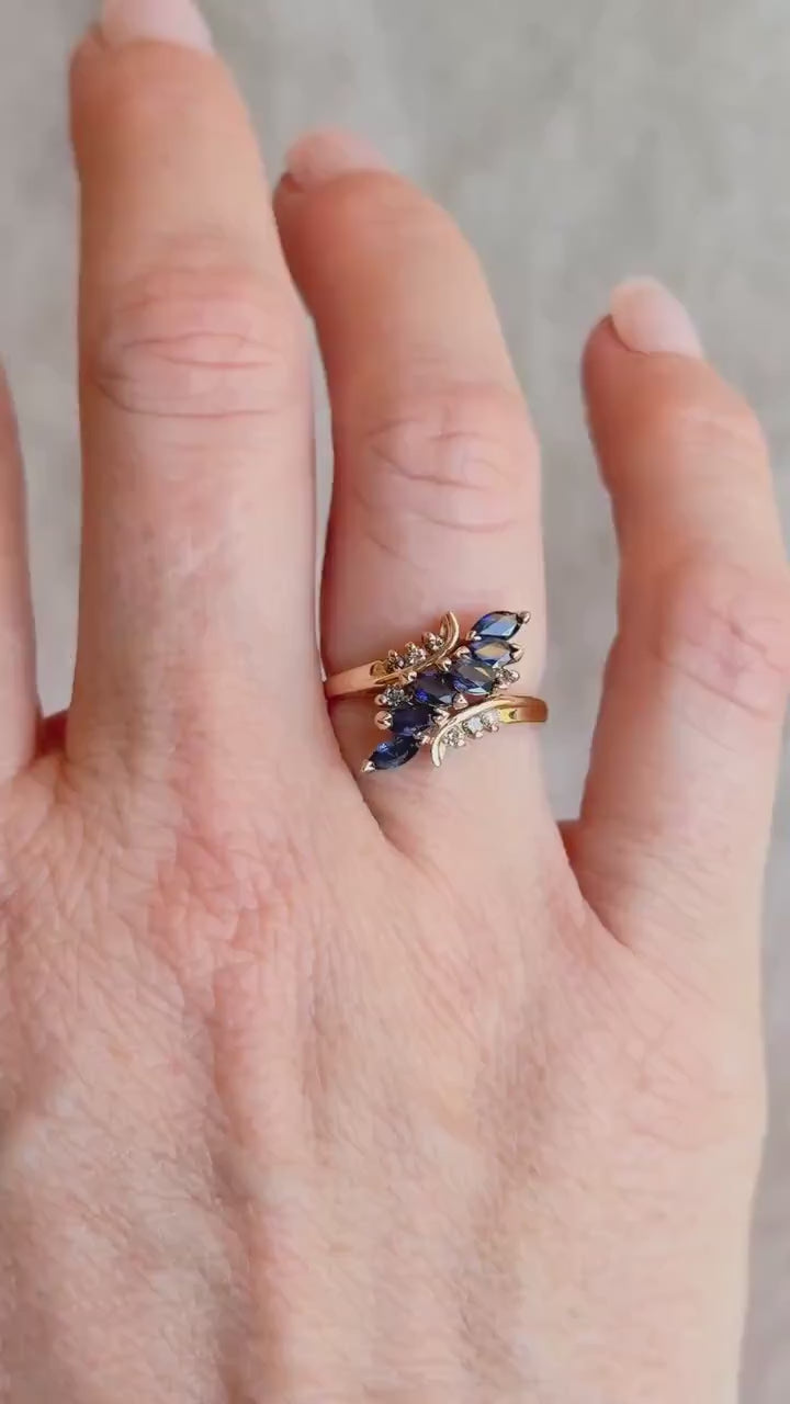Vintage Blue Sapphire Marquise Cut Cluster Gemstone Ring in 14k Gold