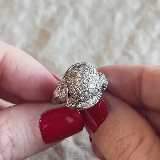 Vintage Diamond Engagement Ring, Round Cut, Platinum, 1940s Pave Dome Bridal Ring