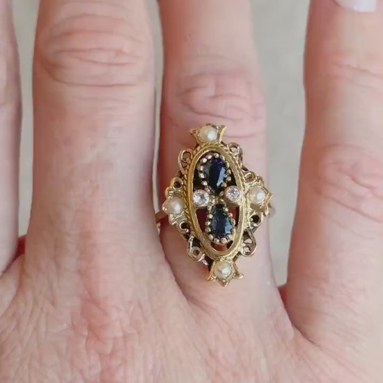 Vintage Blue Sapphire and Pearl Filigree Gemstone Ring in 14k Gold