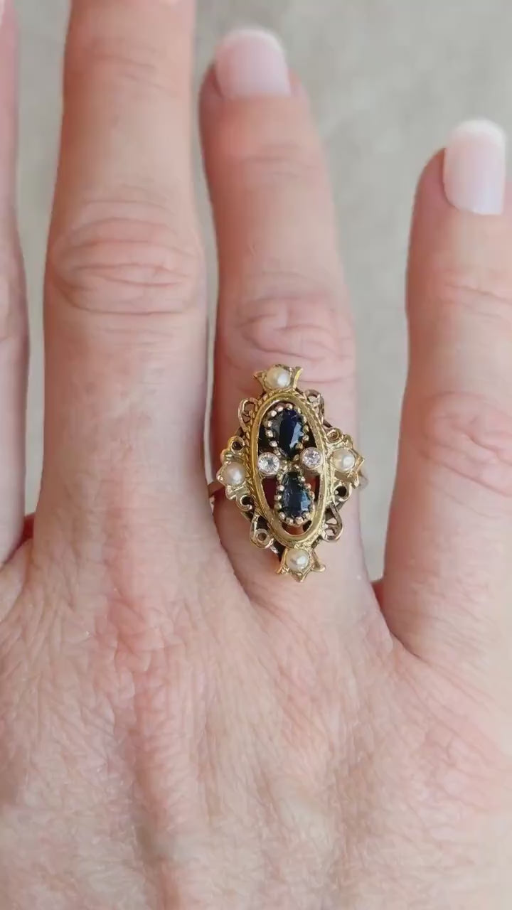 Vintage Blue Sapphire and Pearl Filigree Gemstone Ring in 14k Gold