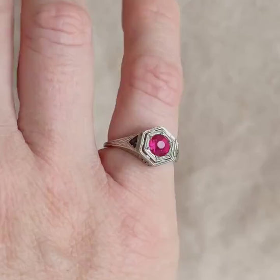 Vintage 1930s Art Deco Ruby Engagement Ring, 18k White Gold Filigree Design • One-of-a-kind Jewelry