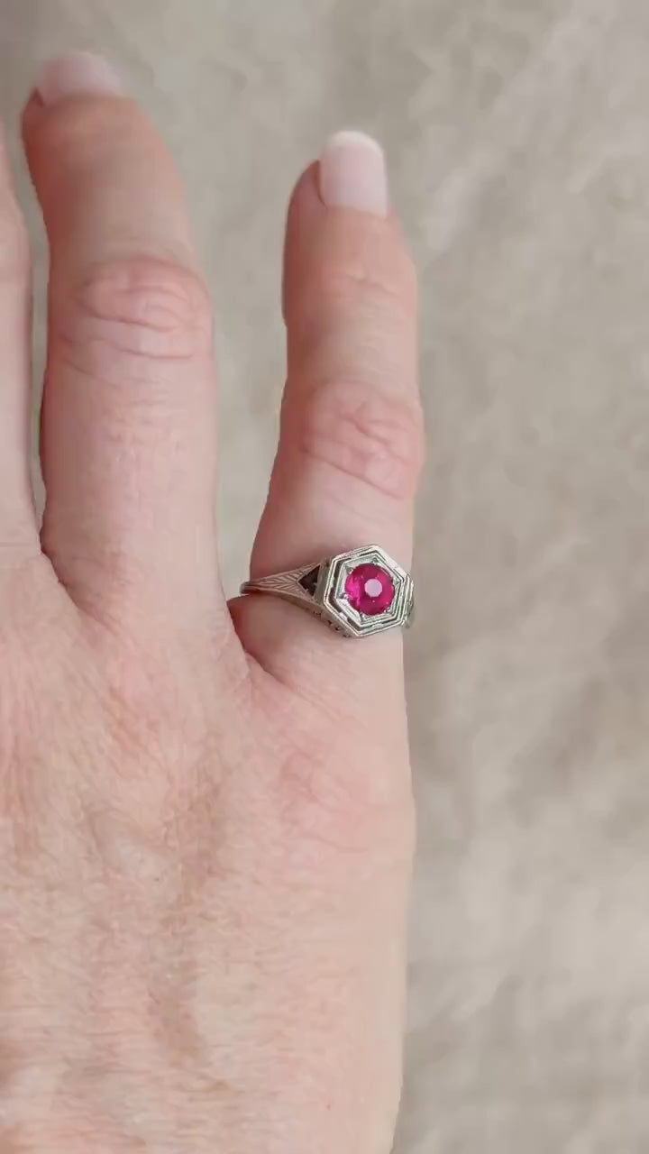 Vintage 1930s Art Deco Ruby Engagement Ring, 18k White Gold Filigree Design • One-of-a-kind Jewelry