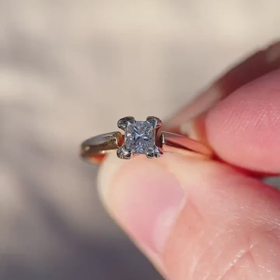 Vintage Diamond Engagement Ring, Princess Cut, 14k Gold, 1990s Cathedral Solitaire Bridal Ring