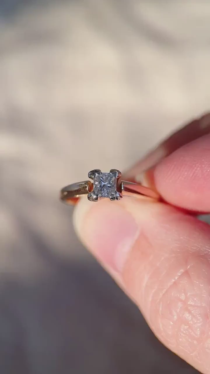 Vintage Diamond Engagement Ring, Princess Cut, 14k Gold, 1990s Cathedral Solitaire Bridal Ring