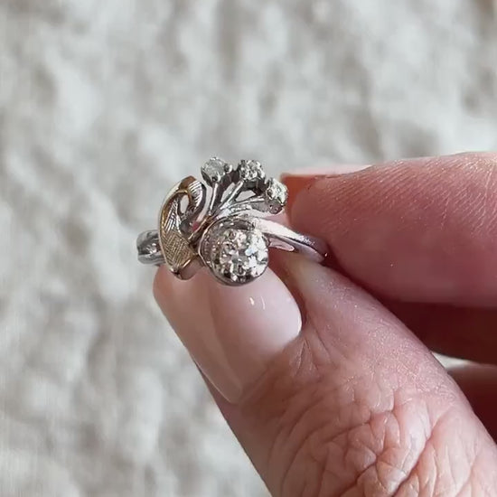 Vintage 1940s Art Nouveau Diamond Engagement Ring, 14k White Gold
