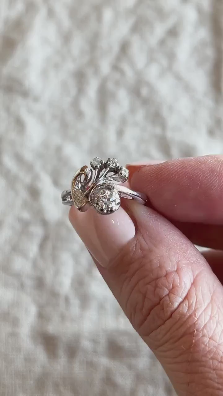 Vintage 1940s Art Nouveau Diamond Engagement Ring, 14k White Gold