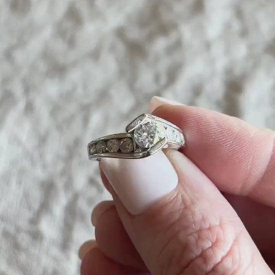 Vintage Diamond Engagement Ring, Round Cut, 14k White Gold, 1990s Swirl Channel Set Design