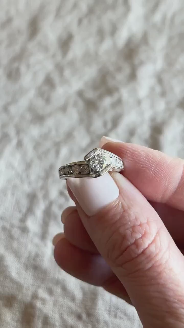Vintage Diamond Engagement Ring, Round Cut, 14k White Gold, 1990s Swirl Channel Set Design