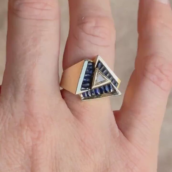 Vintage 1970s Diamond & Sapphire Engagement Ring, 14k Gold, Trillion Gemstone Halo Design • One-of-a-kind Jewelry