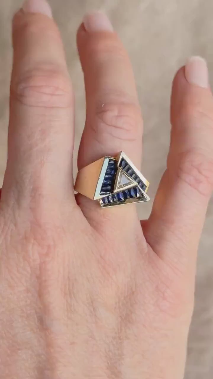 Vintage 1970s Diamond & Sapphire Engagement Ring, 14k Gold, Trillion Gemstone Halo Design • One-of-a-kind Jewelry