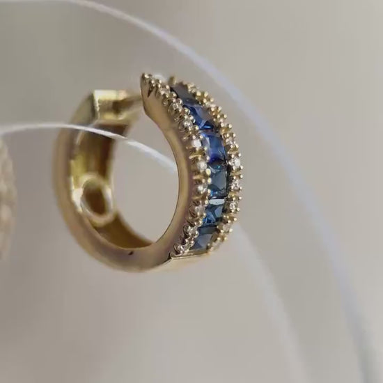 Vintage 1990s Sapphire Diamond Hoop Earrings - 14k Gold Retro Fine Jewelry for Women