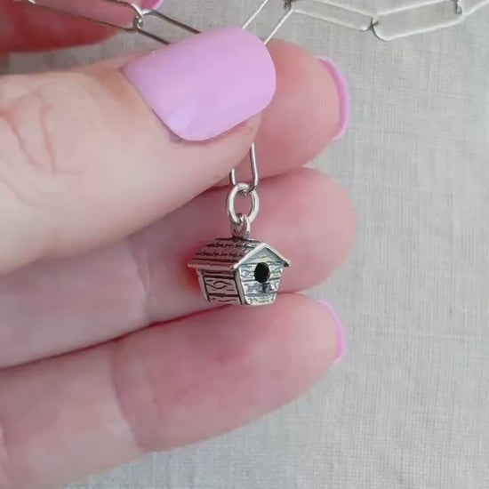 Sterling Silver Birdhouse Charm Pendant, Garden Themed Minimalist Jewelry, Gift for Her