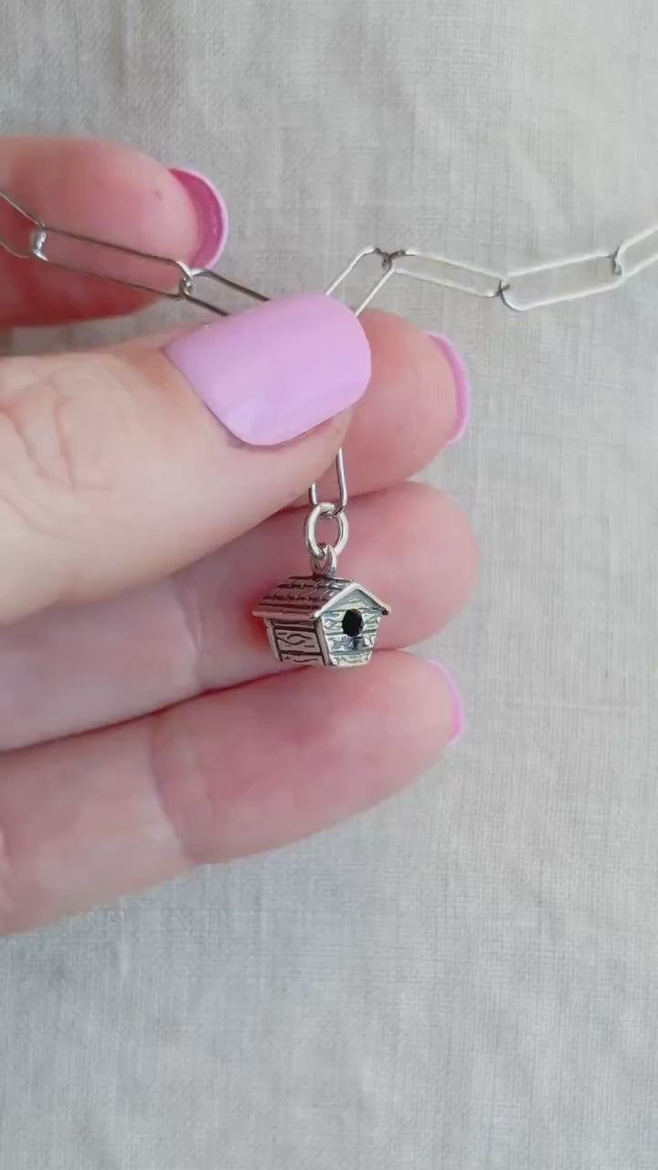 Sterling Silver Birdhouse Charm Pendant, Garden Themed Minimalist Jewelry, Gift for Her