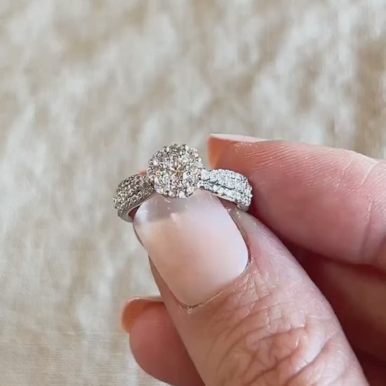 Vintage Diamond Engagement Ring, Round Cut, 14k White Gold, 2000s Halo Prong Setting