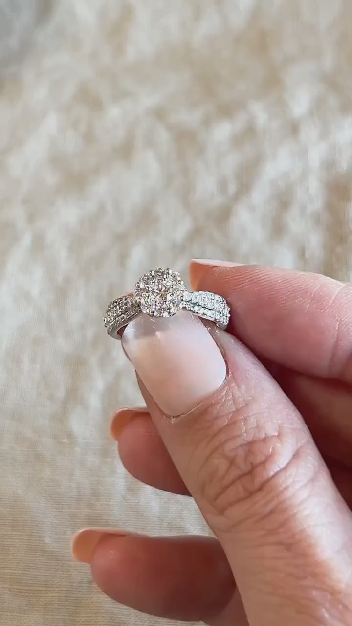 Vintage Diamond Engagement Ring, Round Cut, 14k White Gold, 2000s Halo Prong Setting