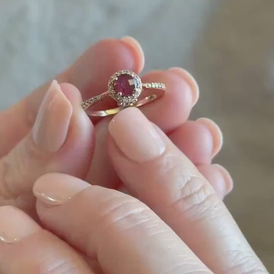 Vintage Rhodolite Garnet Halo Gemstone Ring in 14k Rose Gold