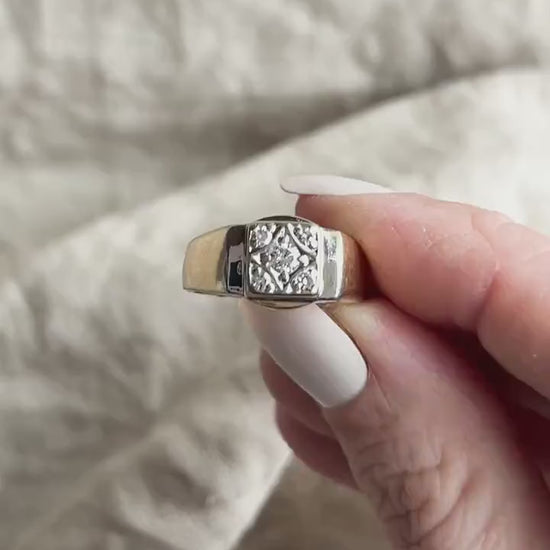 Vintage Diamond Engagement Ring, Round Cut, 14k Gold, 1950s Art Deco Signet Wedding Ring