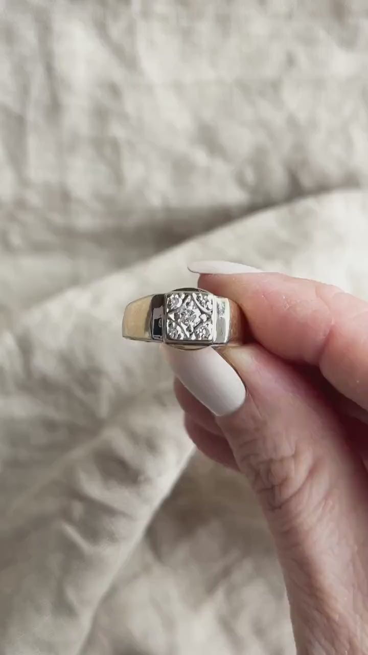 Vintage Diamond Engagement Ring, Round Cut, 14k Gold, 1950s Art Deco Signet Wedding Ring