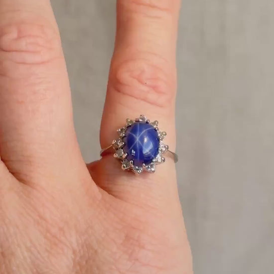 Vintage Star Sapphire and Diamond Halo Engagement Ring, Oval 14k White Gold Bridal Ring
