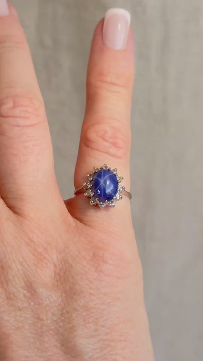 Vintage Star Sapphire and Diamond Halo Engagement Ring, Oval 14k White Gold Bridal Ring