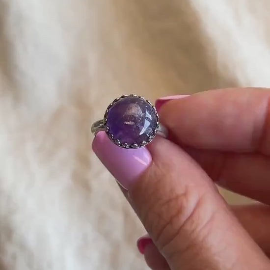 Vintage Amethyst Ring Sterling Silver, Round Cabochon Statement Ring, Boho Everyday Jewelry