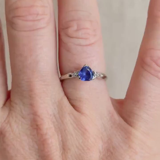 Vintage Sapphire and Diamond Engagement Ring, Trillion Cut 10k White Gold Alternative Bridal Ring
