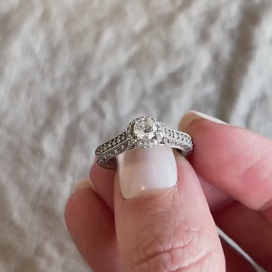 Vintage Diamond Engagement Ring, Round Cut, 14k White Gold, 1990s Halo Filigree Bridal Ring