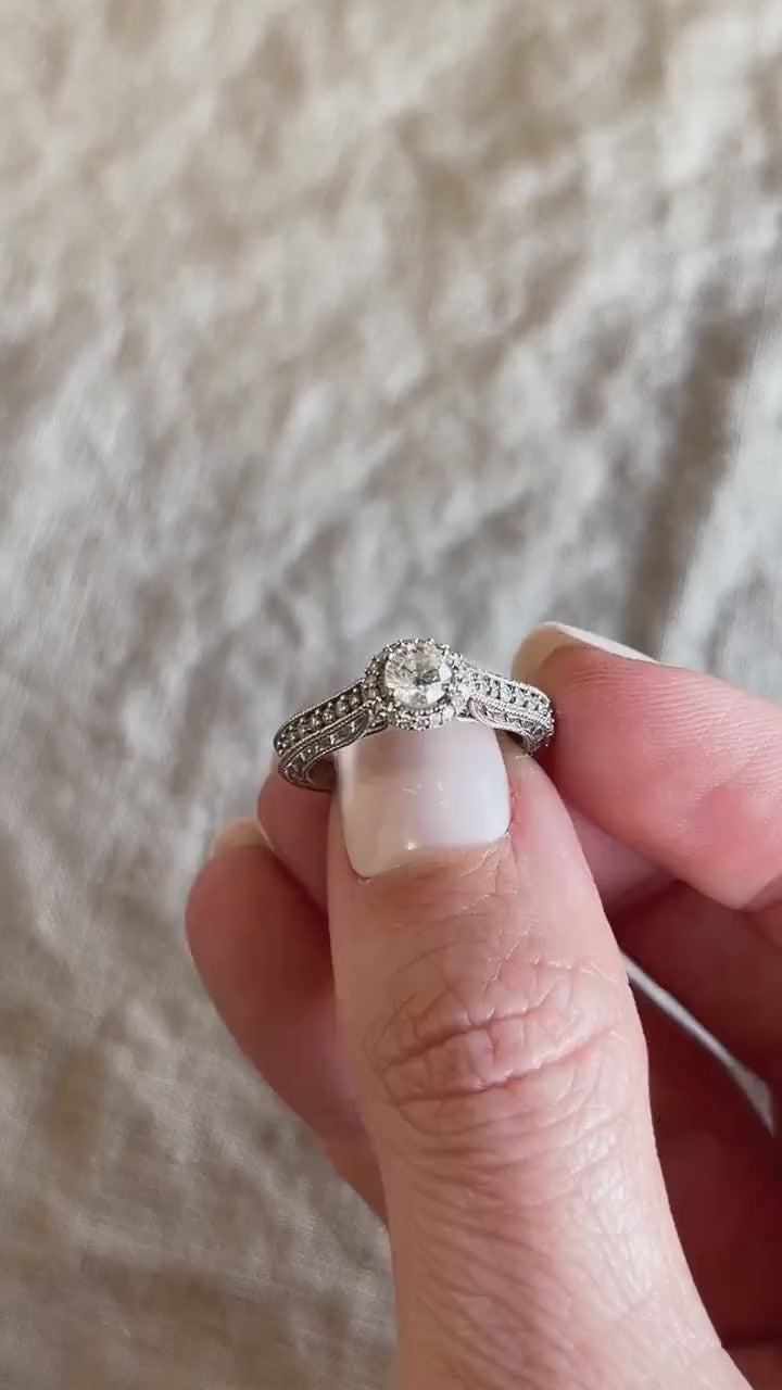 Vintage Diamond Engagement Ring, Round Cut, 14k White Gold, 1990s Halo Filigree Bridal Ring