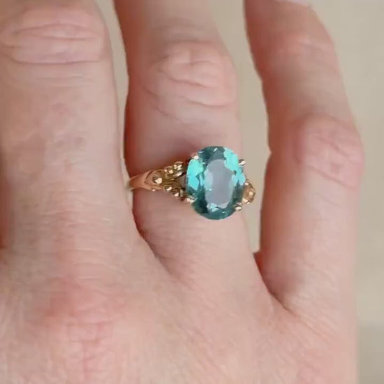 Vintage 1990s Blue Topaz Filigree Gemstone Ring, 14k Gold