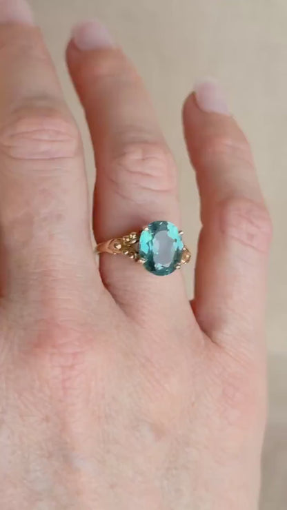 Vintage 1990s Blue Topaz Filigree Gemstone Ring, 14k Gold