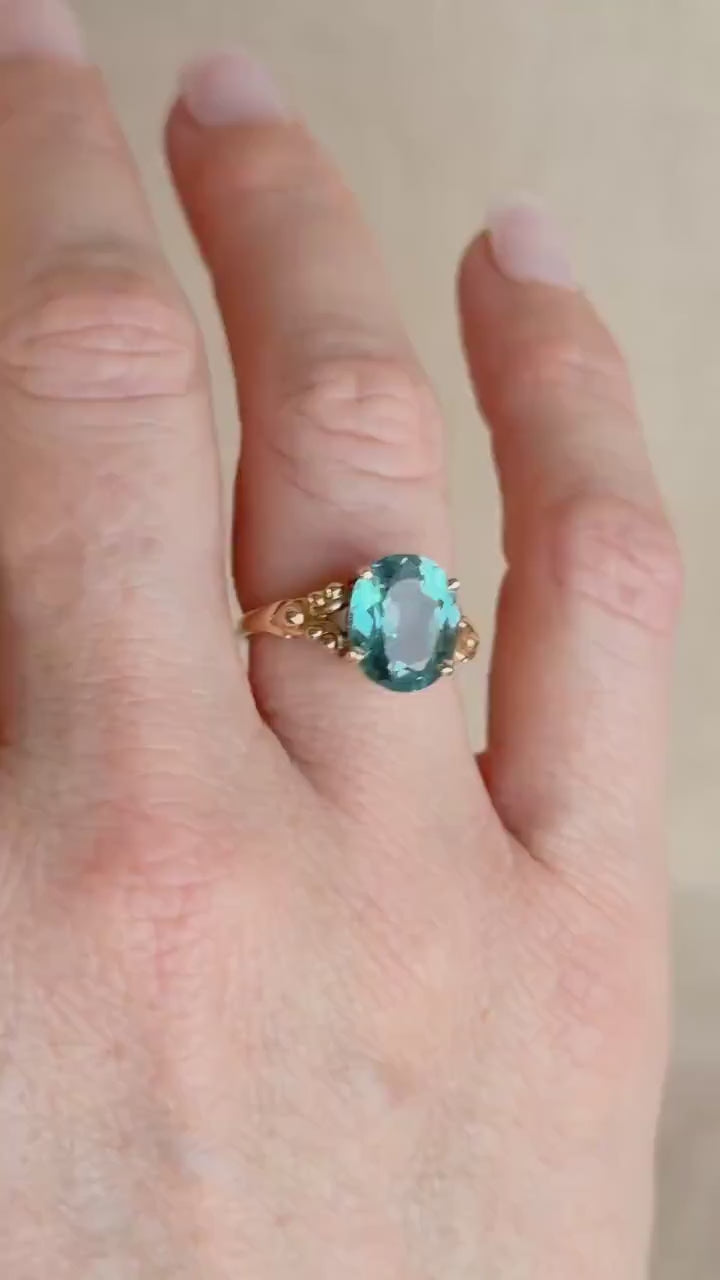Vintage 1990s Blue Topaz Filigree Gemstone Ring, 14k Gold
