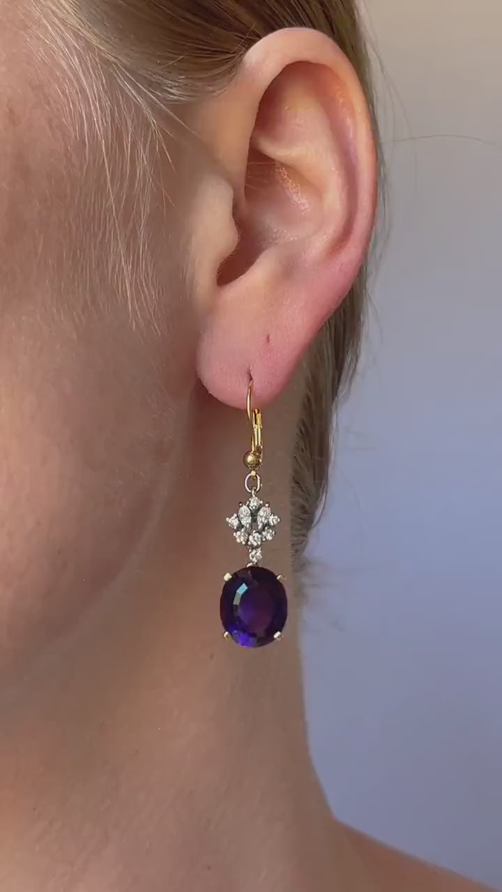 Vintage Amethyst and Diamond Dangle Earrings in 18k Gold